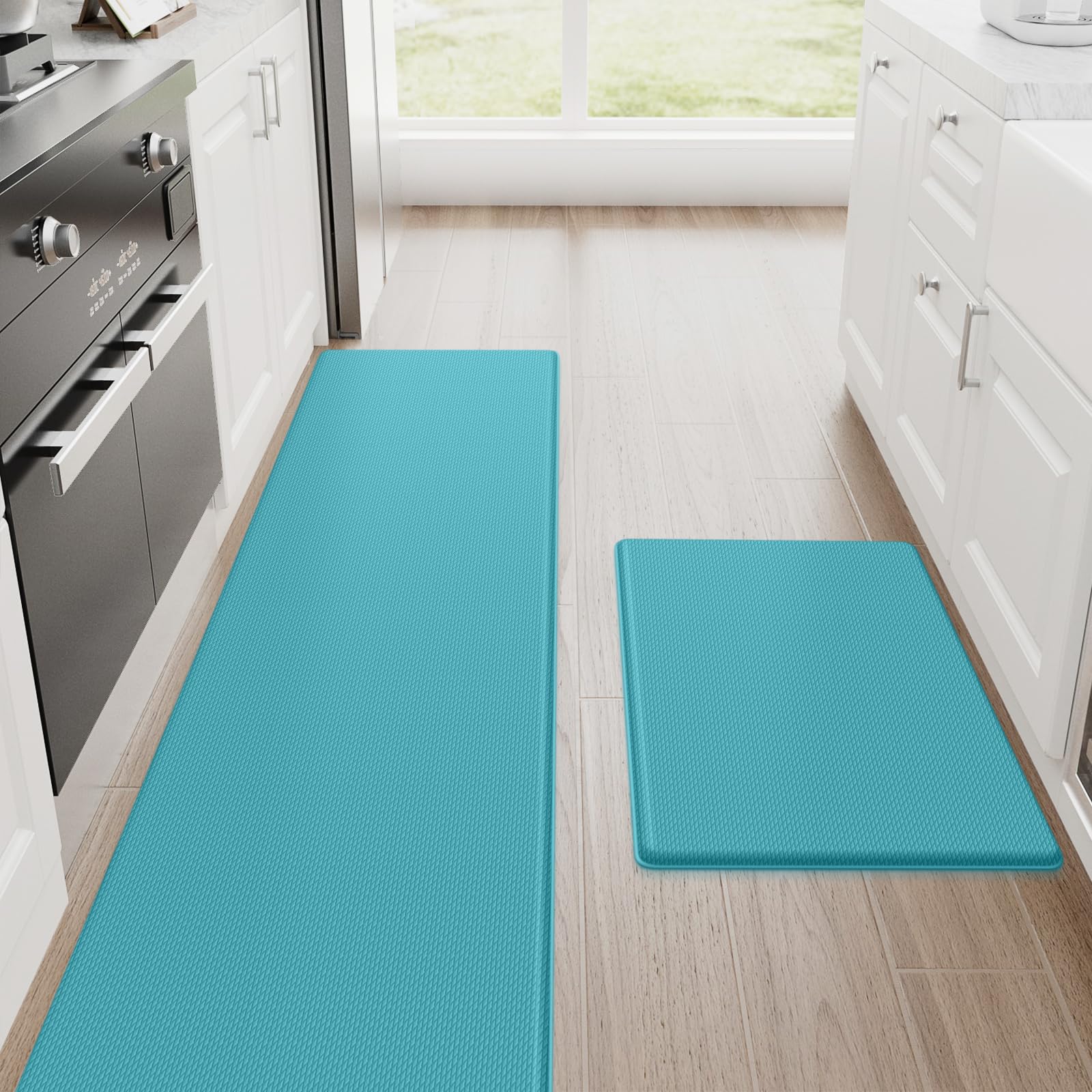 StepRite Kitchen Mats, 2PCS Kitchen Rugs, Cushioned Anti Fatigue Kitchen Mats for Floor, Non-Slip Standing Desk Mat, Waterproof Kitchen Rug Set for Kitchen, Floor, Office, 17.3"x30"+17.3"x47", Black